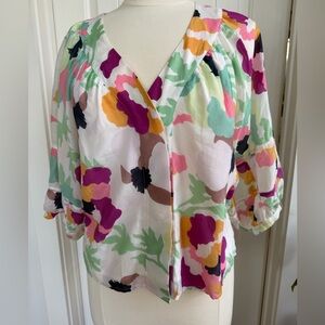 Anthropologie MaeveFloral V-Neck Blouse in White, Purple, Pink, Green and Yellow